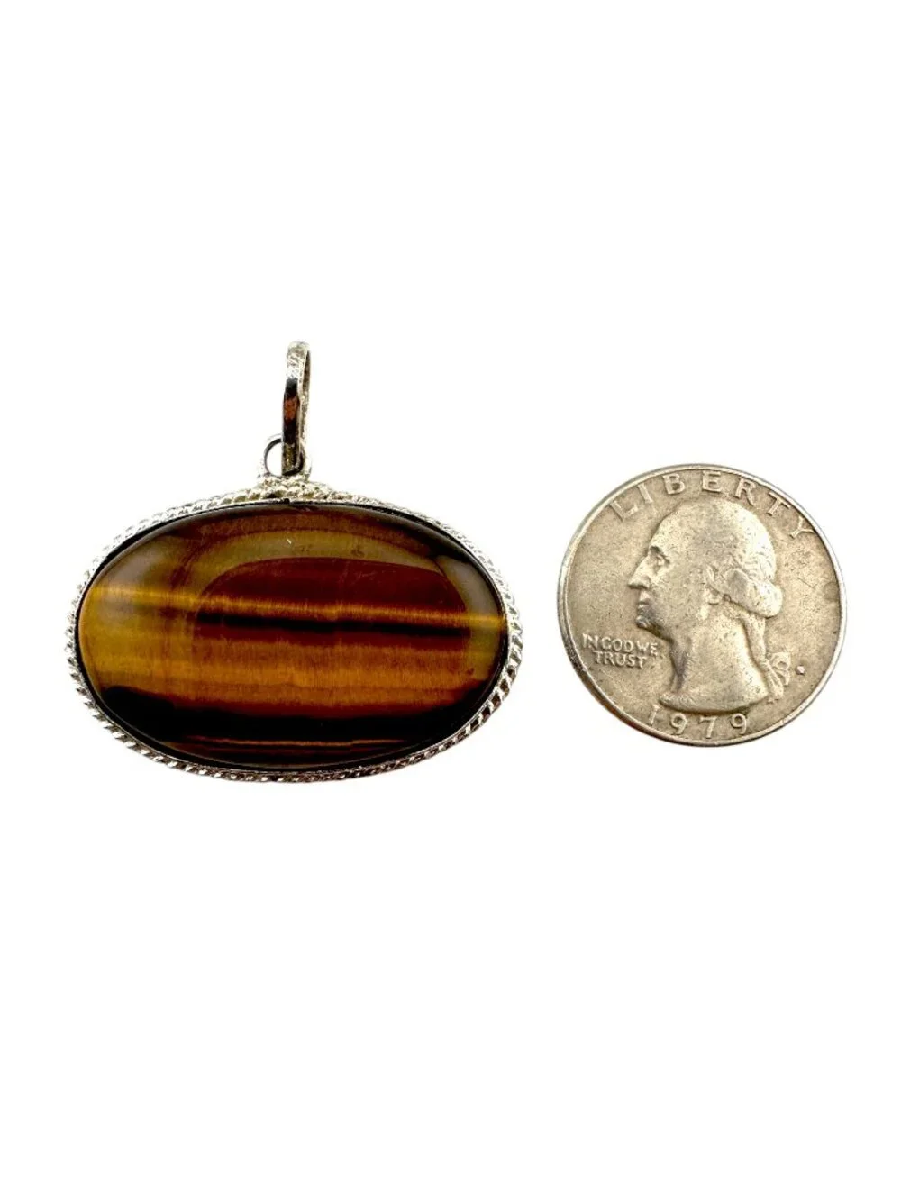 Large Tiger’s Eye Pendant East West Cabochon Vintage Silver Artisan